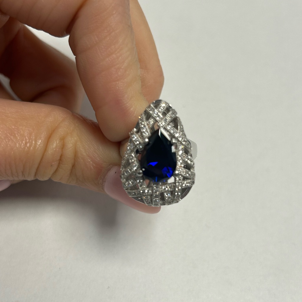 Suzy Levian Sterling Silver Blue Pear Shape Cz White Cz Ring Nwt 100$
